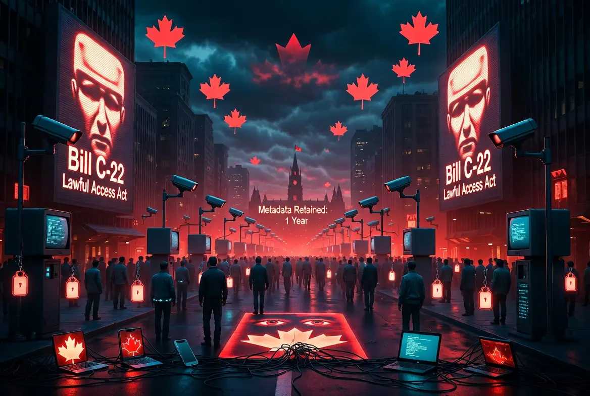 Dystopian Canadian street scene illustrating Bill C-22 Lawful Access Act with surveillance billboards and metadata retention warnings