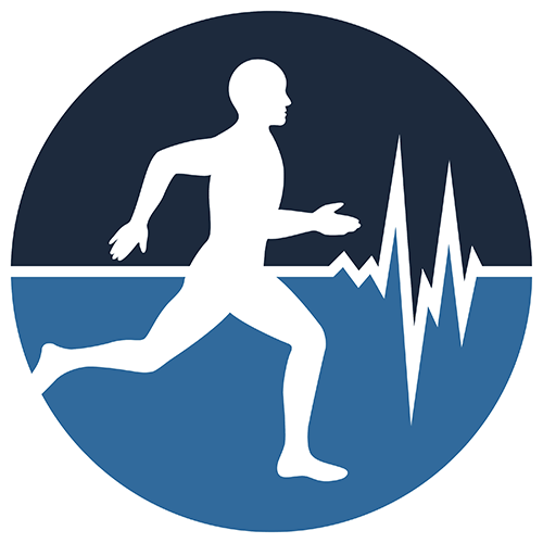A circular logo depicting a man running with a heart beat